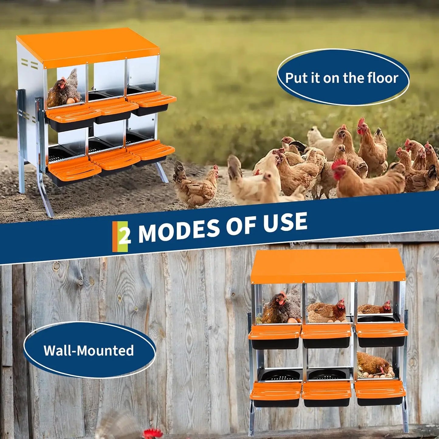 6-Compartment Chicken Nesting Box Automatic Roll-Away Egg Collection System Galvanized Steel Wall Mount or Stand Hen Laying Box