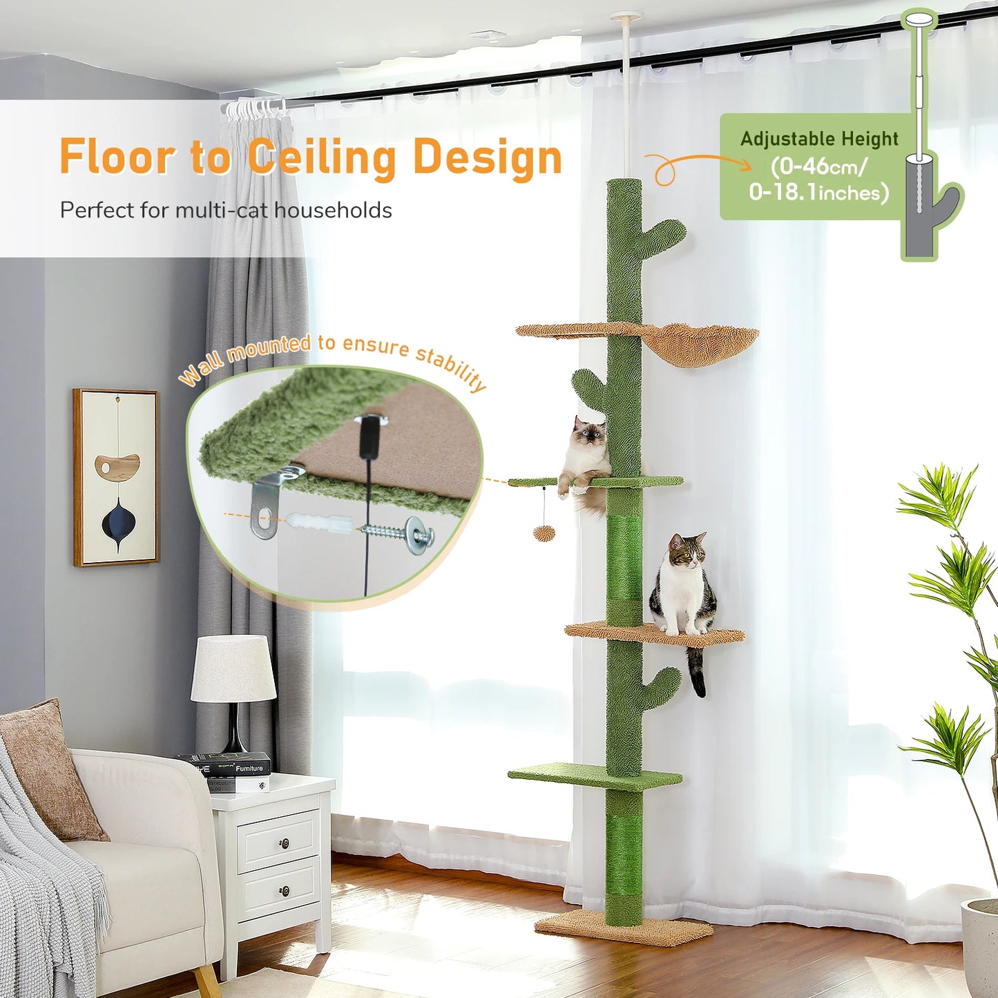 Cat Tree 5-Tier Floor to Ceiling Tall Climbing Tree
