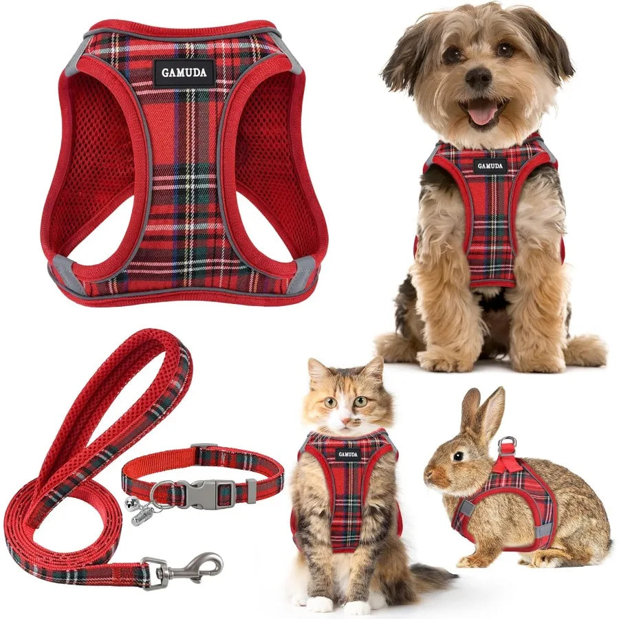 Small Dog Harness Collar and Leash Set for Puppy Cats Kitten Rabbit with Soft Mesh Adjustable Vest Design in Plaid Reflective