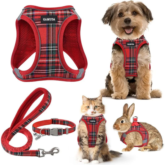Small Dog Harness Collar and Leash Set for Puppy Cats Kitten Rabbit with Soft Mesh Adjustable Vest Design in Plaid Reflective