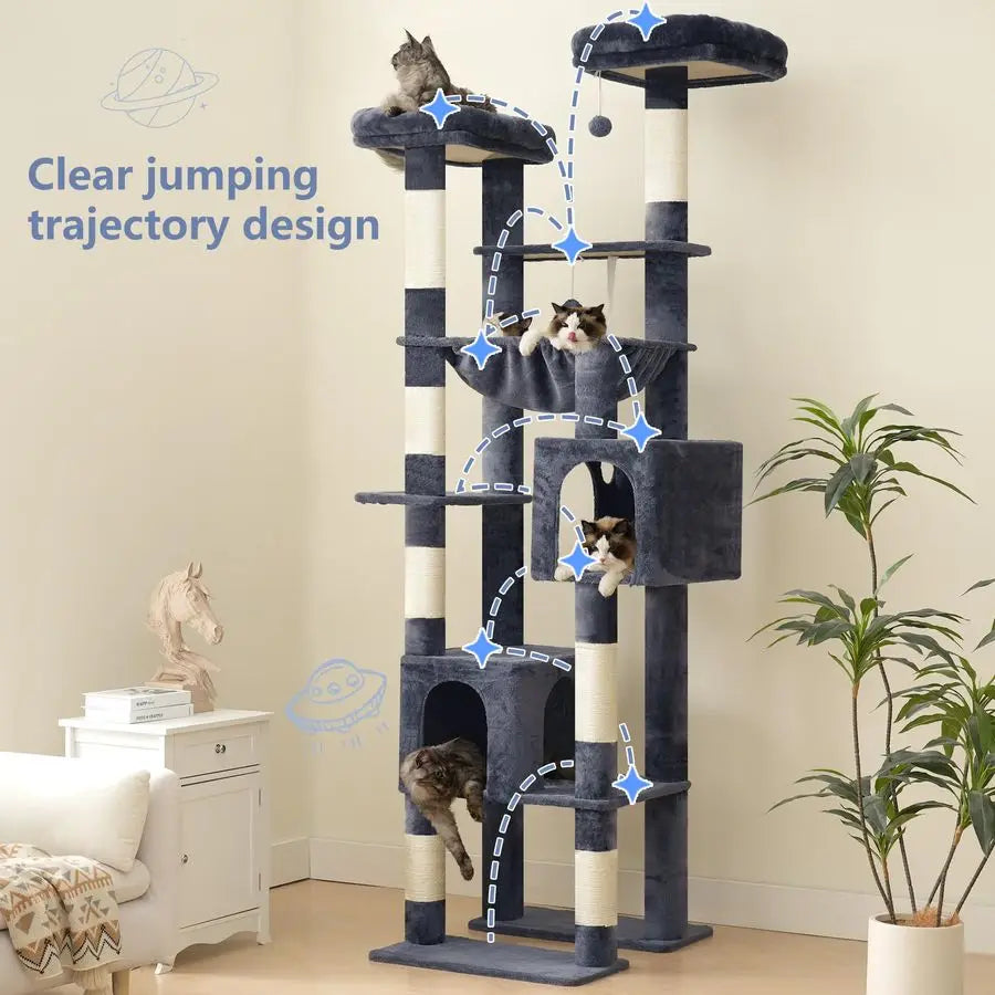 Tall Cat Tree Tower, Heavy Duty Scratching Posts with Large Platforms, Cozy Condos, Big Hammock,