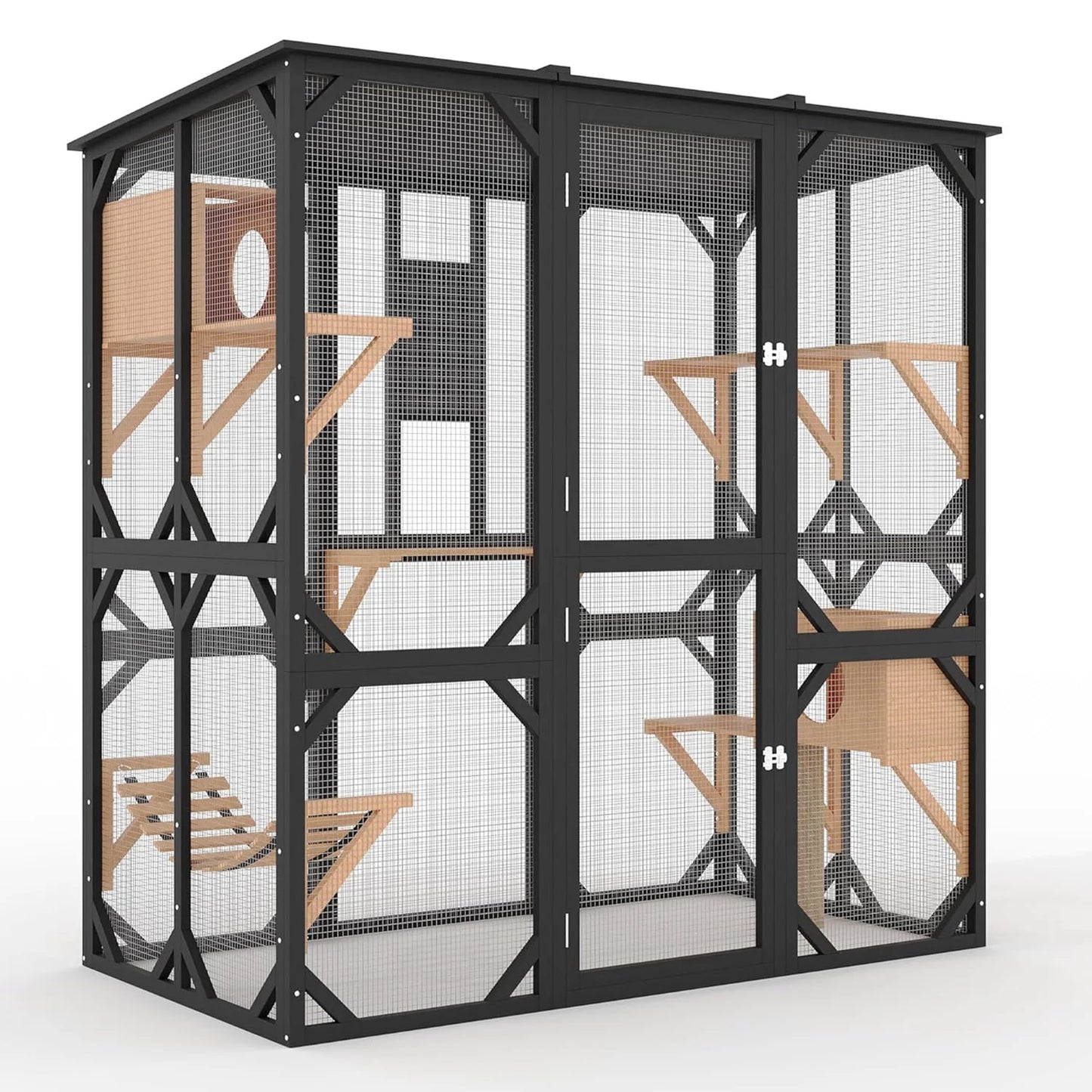 Extra Large Outdoor Wooden Catio, Walk-in Multi-Level Cat Enclosure with Waterproof Roof for Patio & Backyard