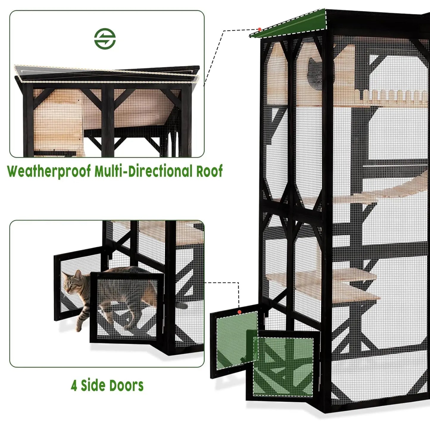Outdoor Wooden Cat Enclosure House Multi-Cat Walk-in Cage Window Access Weather-Proof Asphalt Roof, Customized