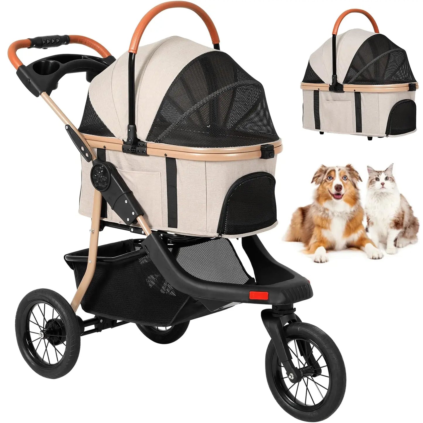 3-in-1 Large Dog Stroller Detachable Carrier, Zipperless Dual Entry, Foldable Jogger
