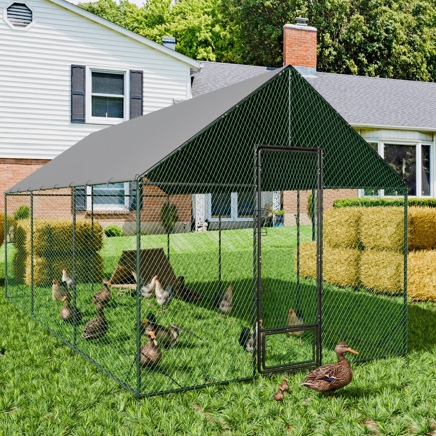 Heavy Duty Metal Chicken Coop w/ Cover and Nylon Netting