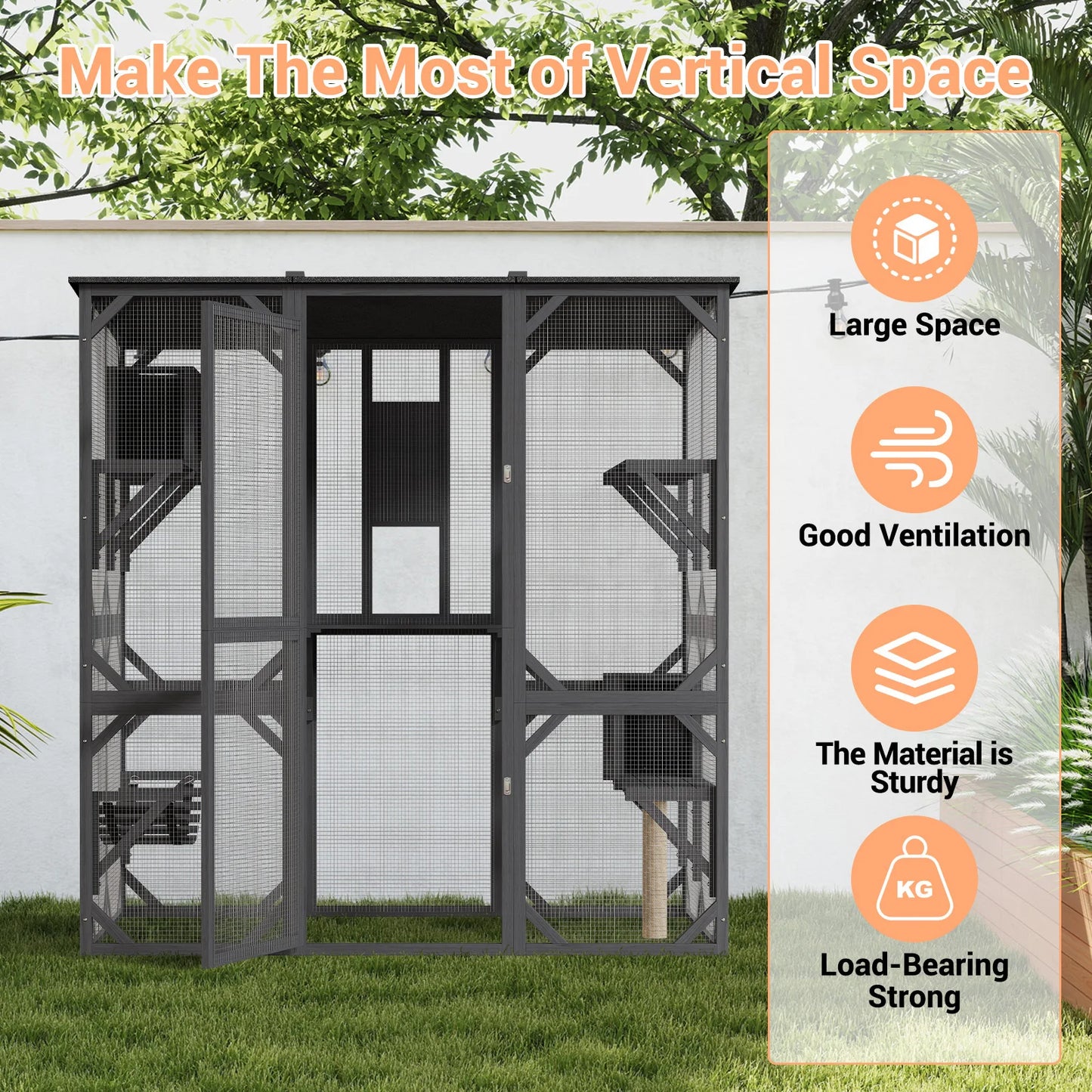 Extra Large Outdoor Wooden Catio, Walk-in Multi-Level Cat Enclosure with Waterproof Roof for Patio & Backyard