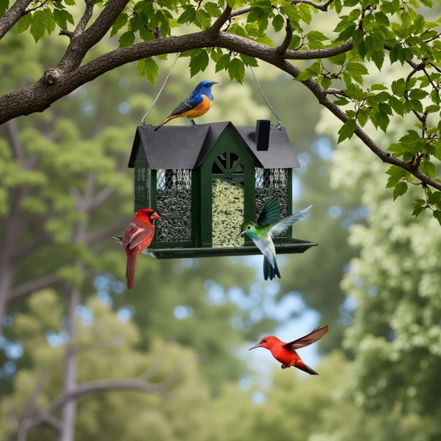 Large Birdhouse with Metal Mesh Cover and Seed Tray,  Weather-Resistant Metal Outdoor Garden Courtyard Decoration Bird Feeding Station,
