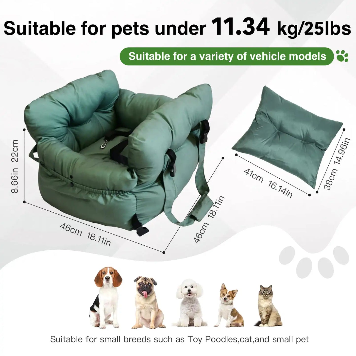 2-in-1 Dog Car Seat Carrier Bag - Detachable with Handles and Safety Belt, Travel Dog Booster Seat for Small Medium Dogs Cats