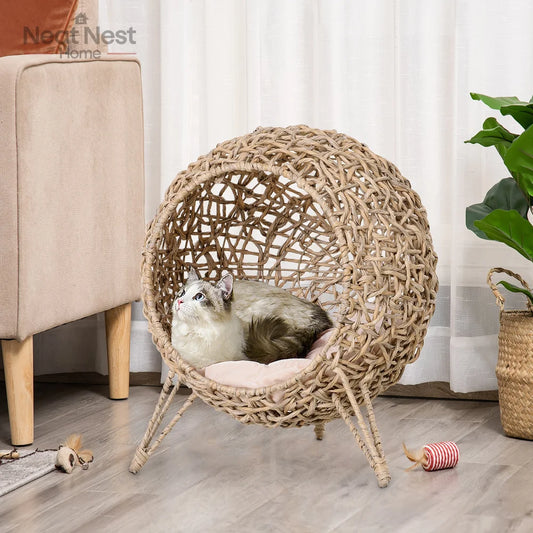 Elevated Hand-woven Braided Banana Leaf Kitten House Condo