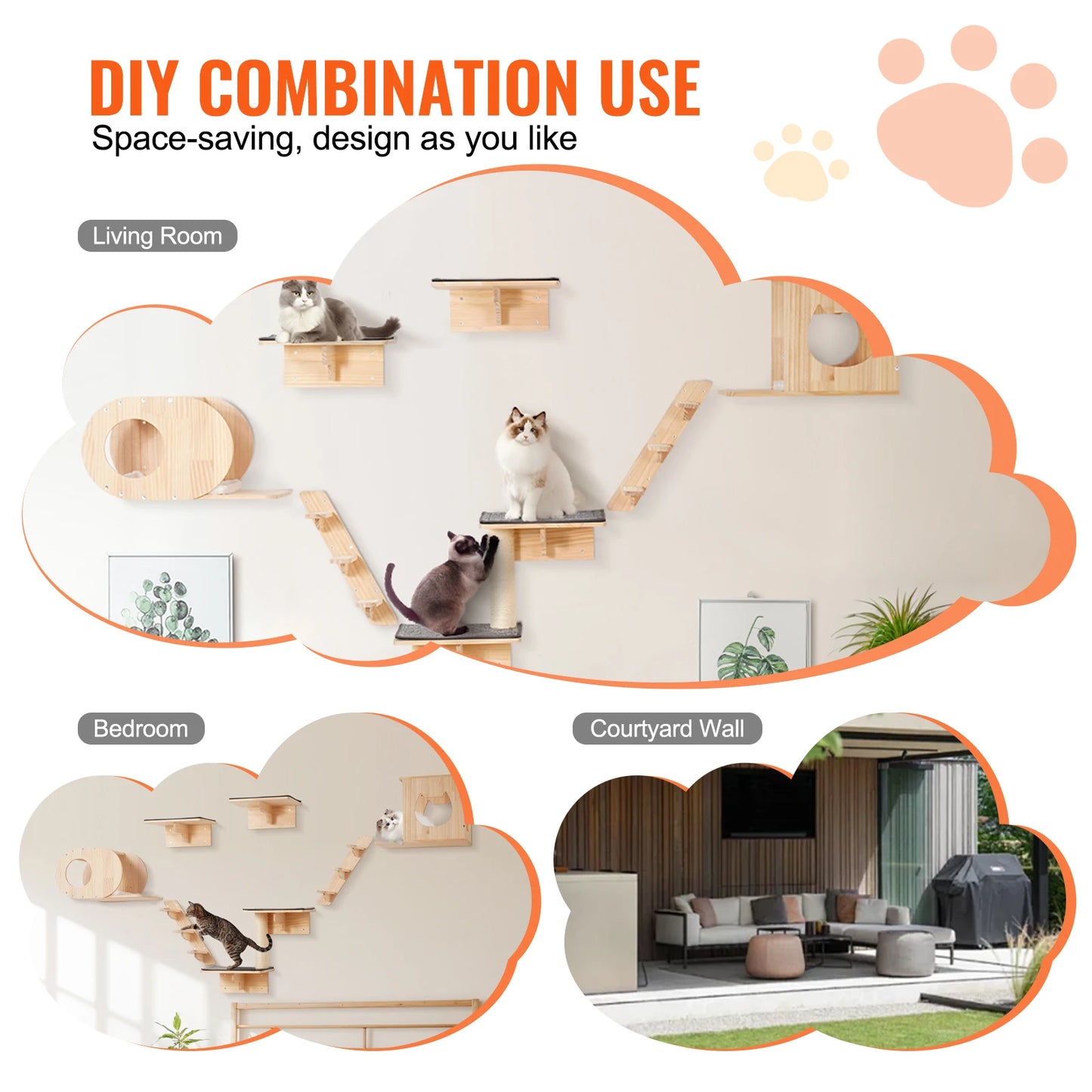 SucceBuy Wall Mounted Cat Shelves Cat Wall Shelves and Perches with Jumping Boards Hammocks & Cat Tree