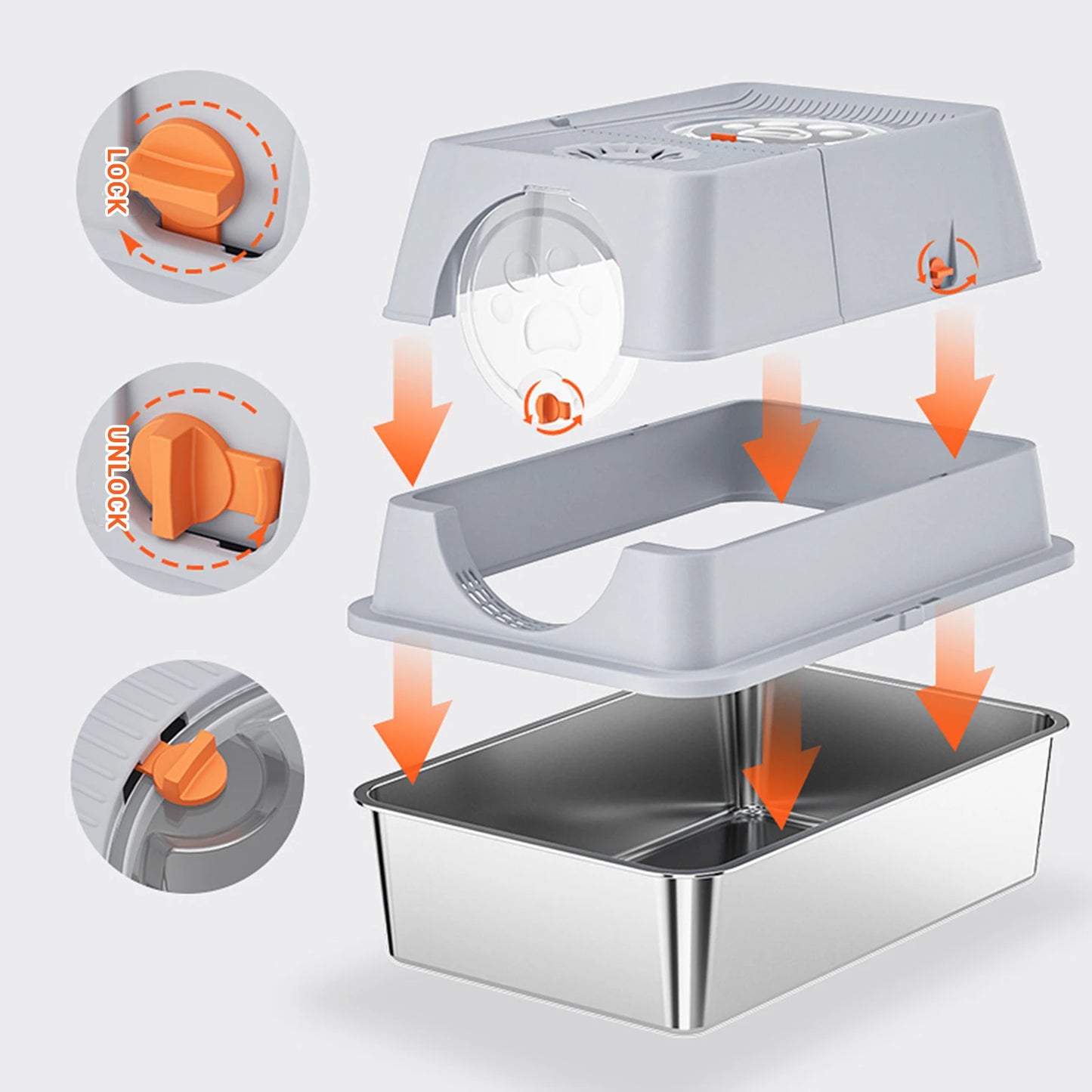 Stainless Steel Cat Litter Box, High Sided Enclosure Cat Toilet With Lid,