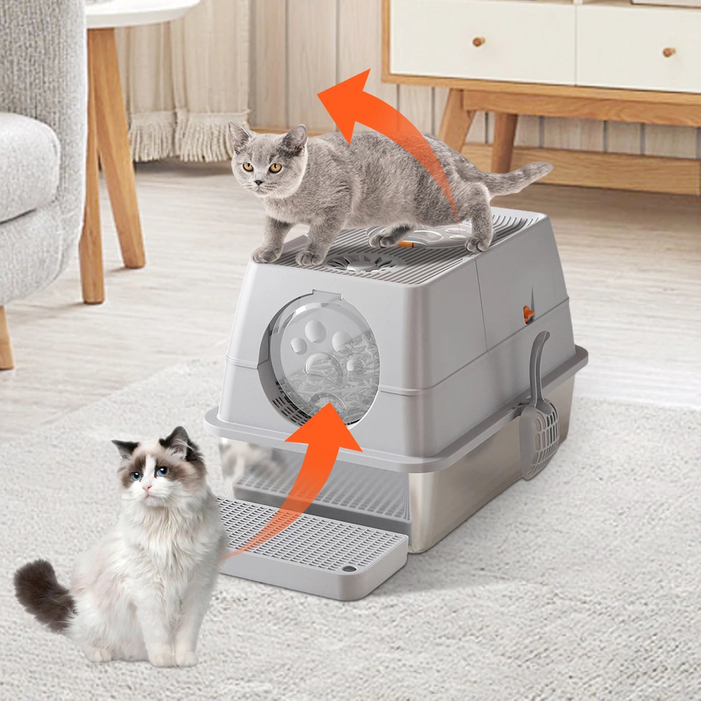 Stainless Steel Cat Litter Box, High Sided Enclosure Cat Toilet With Lid,