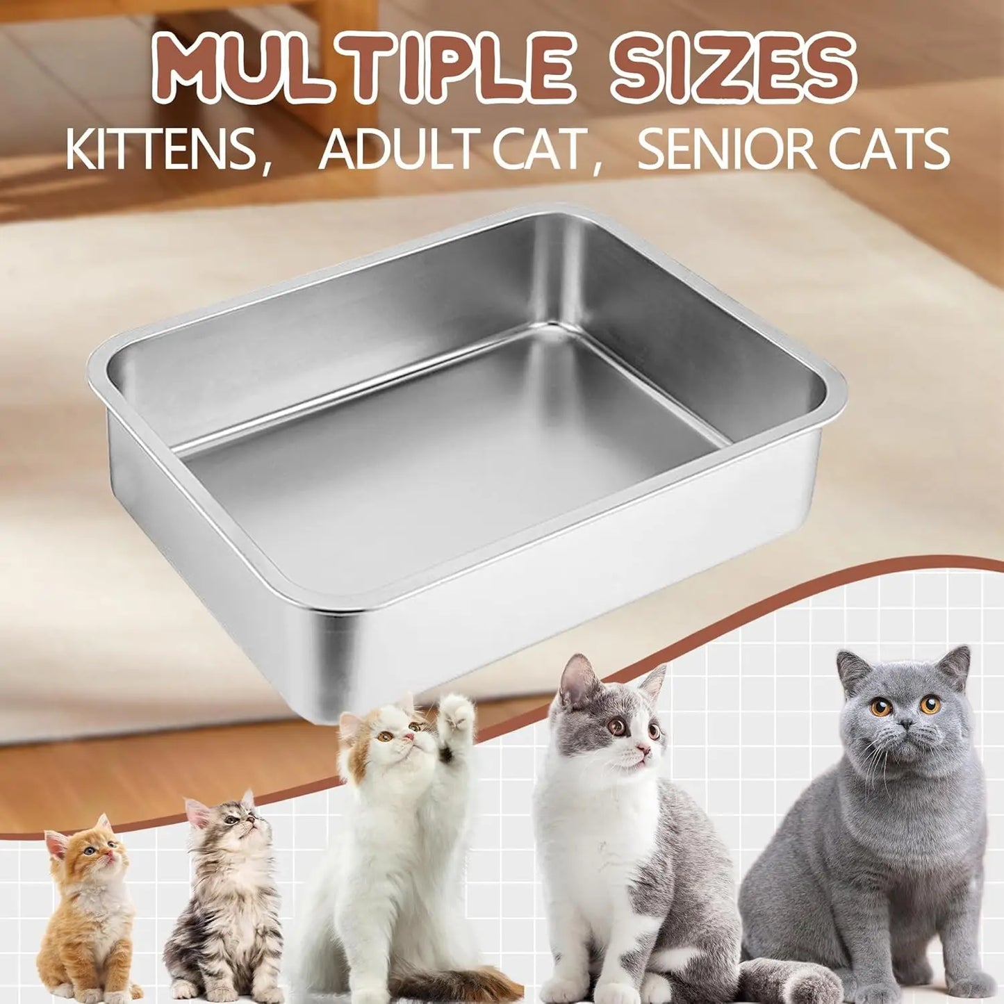 Low Entry Cat Litter Box, Stainless Steel for Small Cats, Guinea Pigs, Puppies, Hamsters