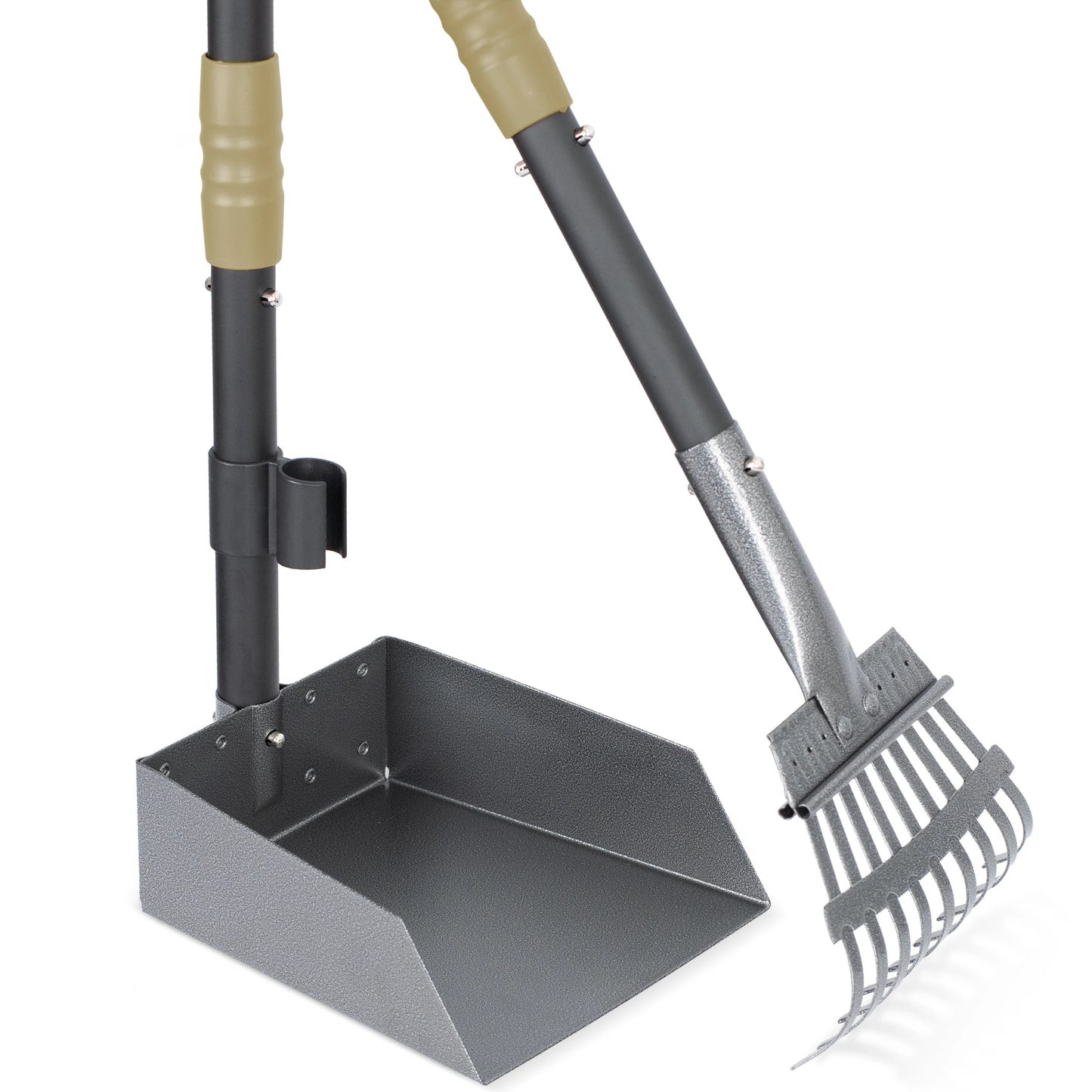 Dog Poop Tray and Rake Set, Pet Waste Removal Scoop with Long Adjustable Sectional Stainless Handles
