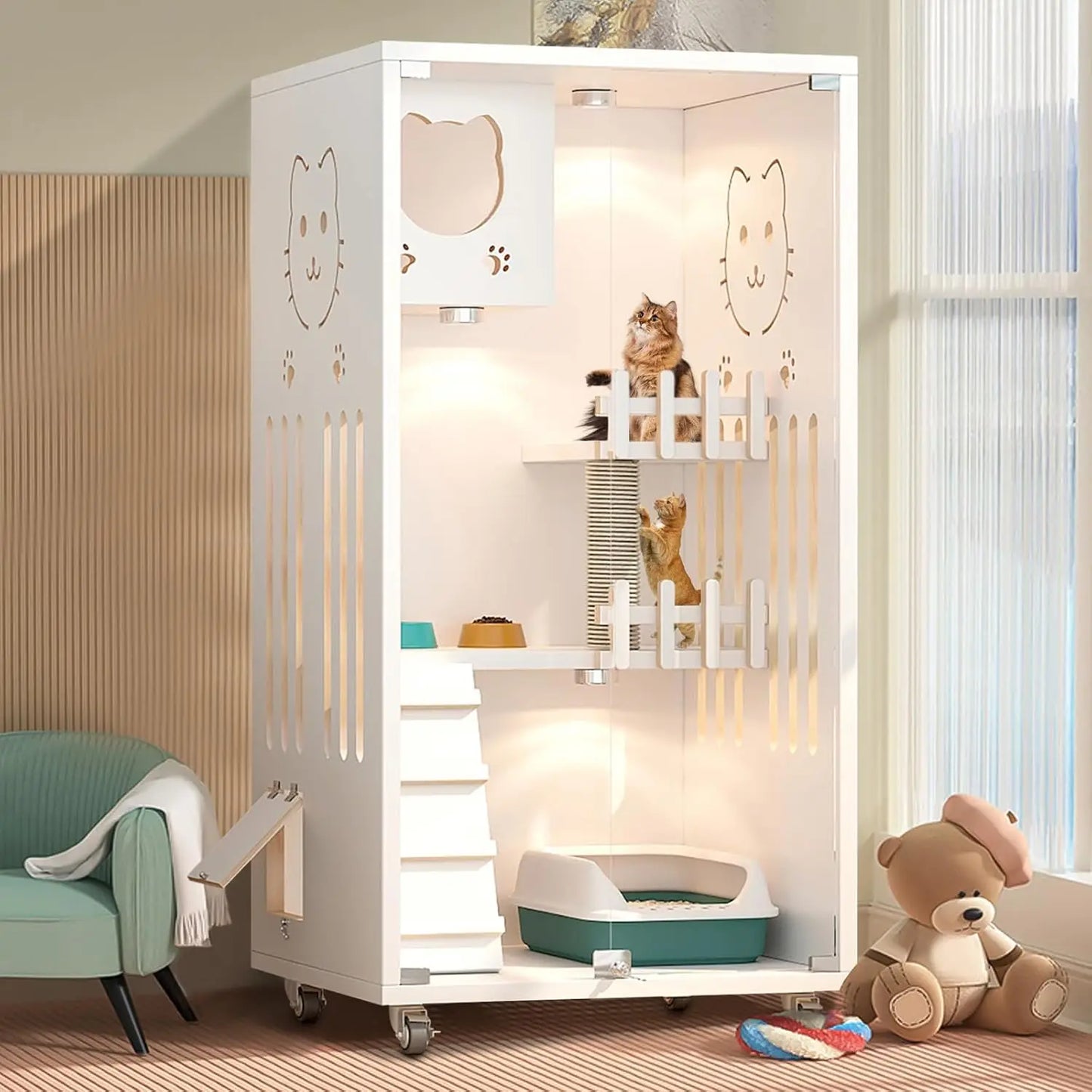Wooden Indoor Cat House Condo Villa Cage with Scratching Post Wheels