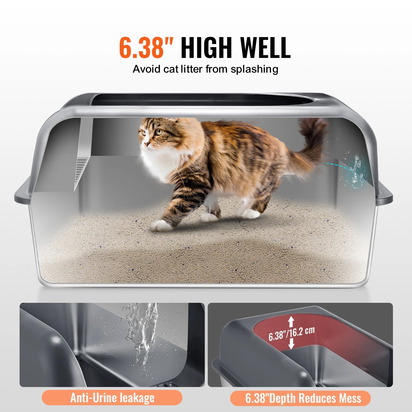 SucceBuy Cat Litter Box 6 inches Deep Extra Large Stainless Steel Cat Litter Box with Scoop Wide Filtering Foot Board&High Sides