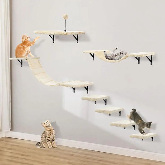 Wall-Mounted Cat Climber Set with Shelves, Perches, Bridge, Hammock & Scratching Board - 7 Pcs Wood Indoor Furniture for Kittens