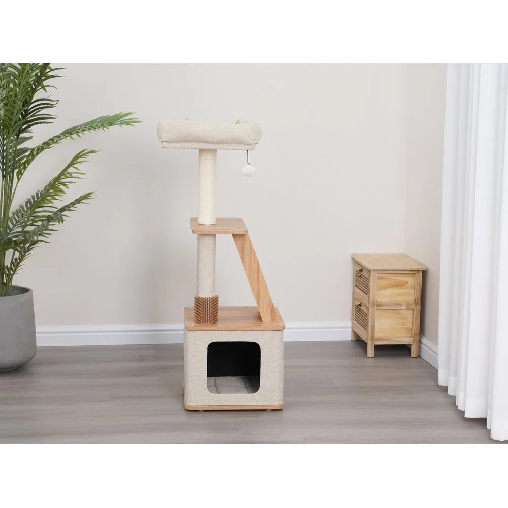 Cat Tree with Condo Perch Sisal Scratcher Double Scratching Post Interactive Toy Rubber Grooming Brush Indoor Cat