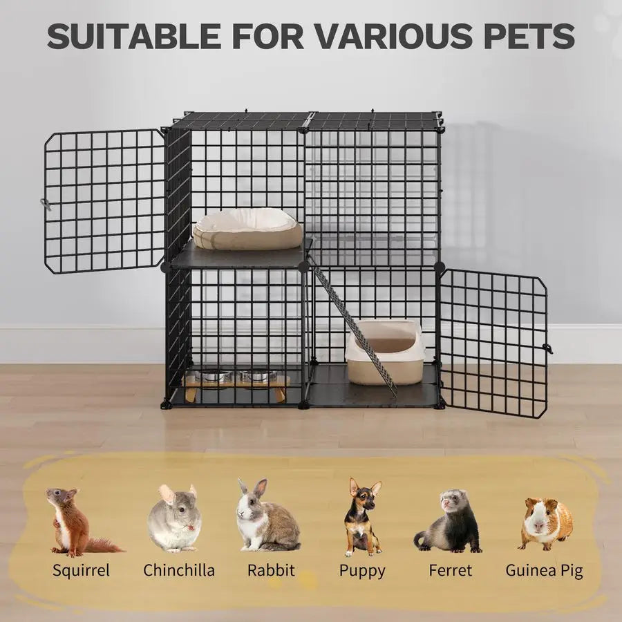 Cat Enclosure for Kittens, 2Tier Pet Cage for Small Animals, Kitty Playpen House for Indoor Outdoor Black