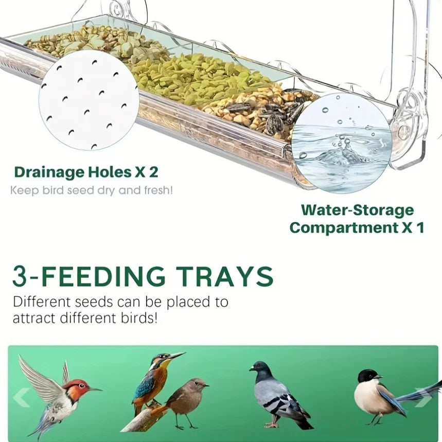 Large Window Bird Feeder with Removable Seed & Water Tray 4 Super Strong Adhesive Hooks