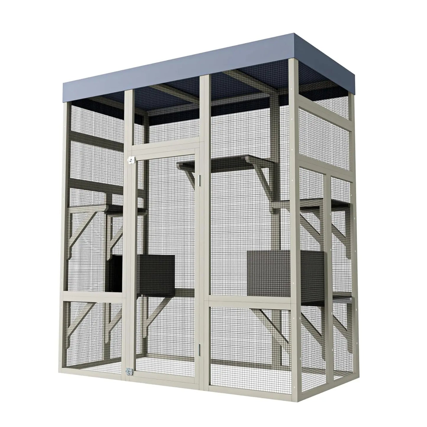 62in Wooden Outdoor Catio Large Cat Enclosure Waterproof Roof 2 Houses Platforms Rust-Proof Wire Cage Patio