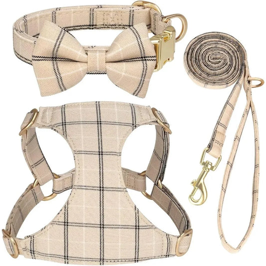 Extra Small Dog Harness Collar and Leash Set with Bowtie Soft Adjustable Plaid Puppy Harness for Small Sized Dogs Cats