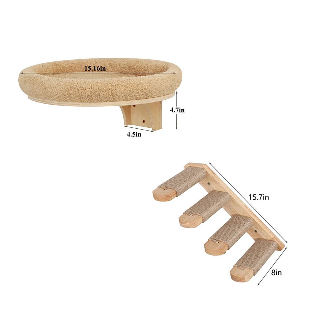Cat Wall Mounted Solid Wooden Furniture Climbing Ladder and Cat Hammock