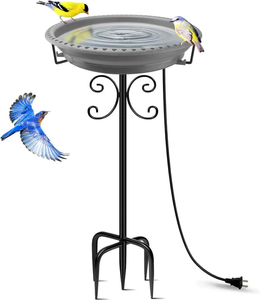 100W Heated Bird Bath with Thermostat Control, 5-Prong Metal Base for Winter Outdoor Garden Patio Yard (Grey)