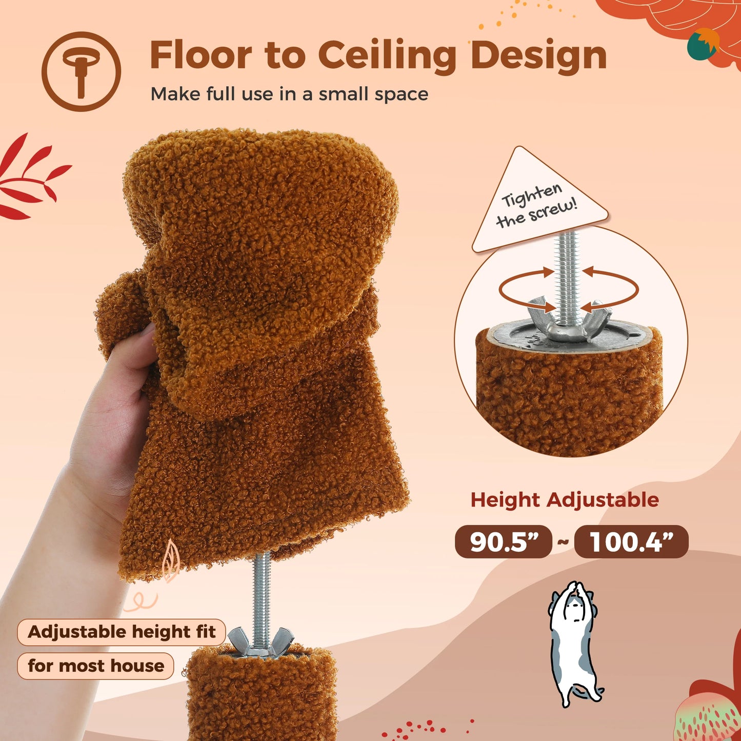 Floor to Ceiling Cat Tower Adjustable Height with Cat Condo Cozy Hammock and Scratching Post