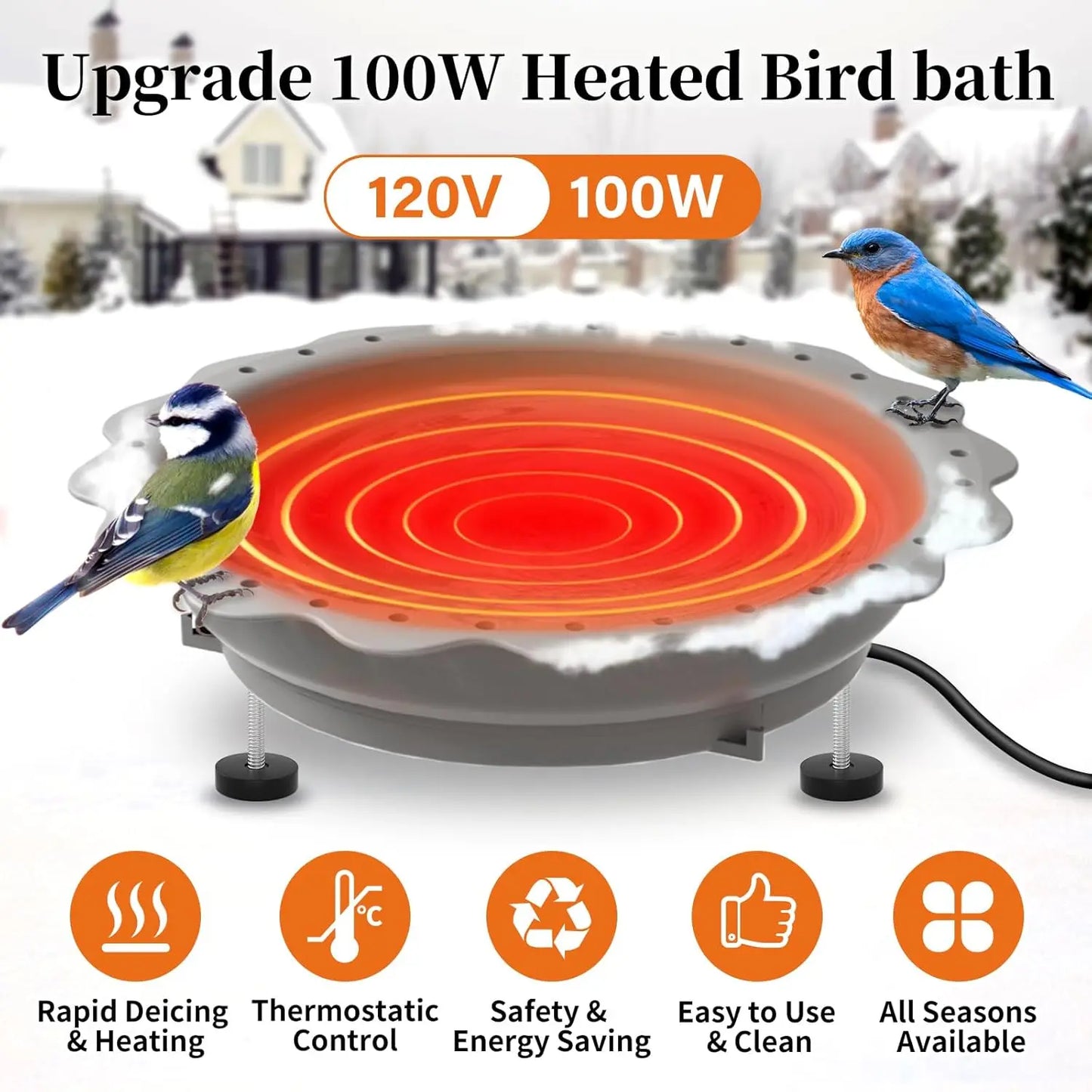 Winter Heated Bird Bath with 100W Thermostat, 3 Metal Screws for Outdoor Garden Patio - Grey