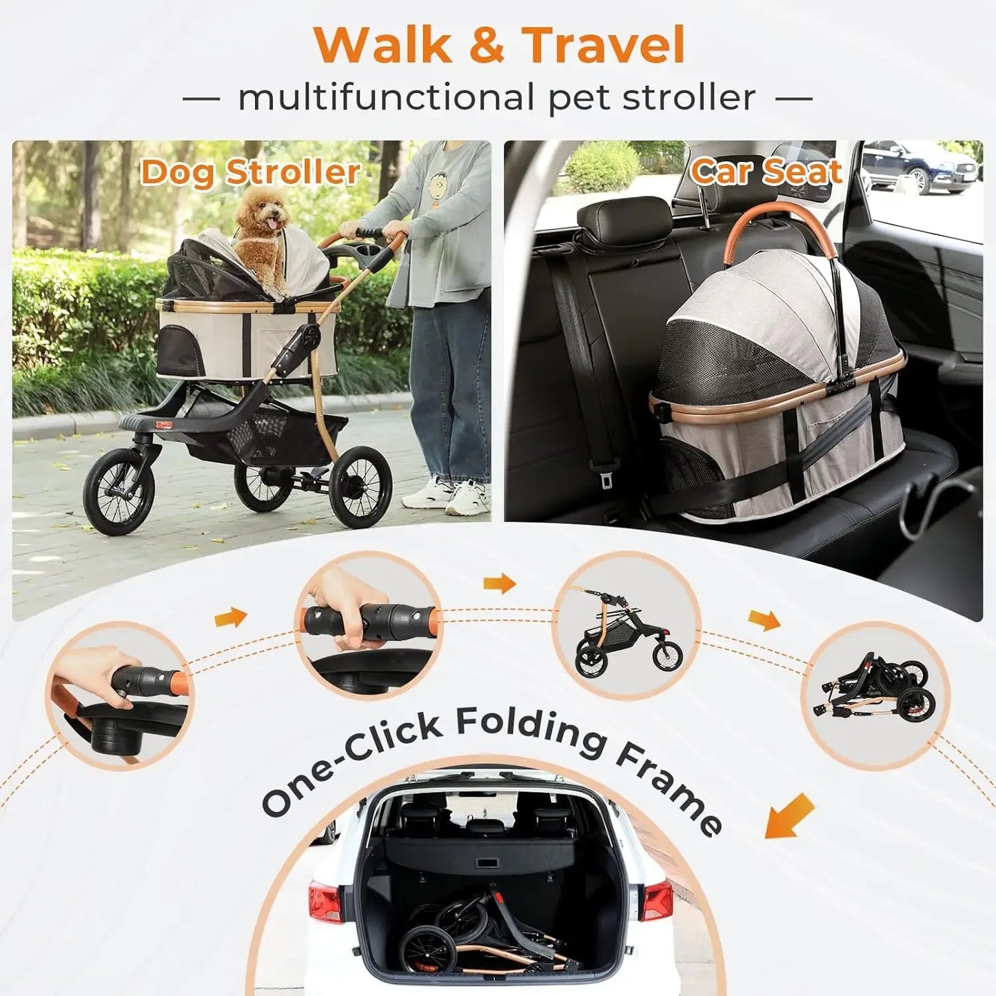 3-in-1 Large Dog Stroller Detachable Carrier, Zipperless Dual Entry, Foldable Jogger