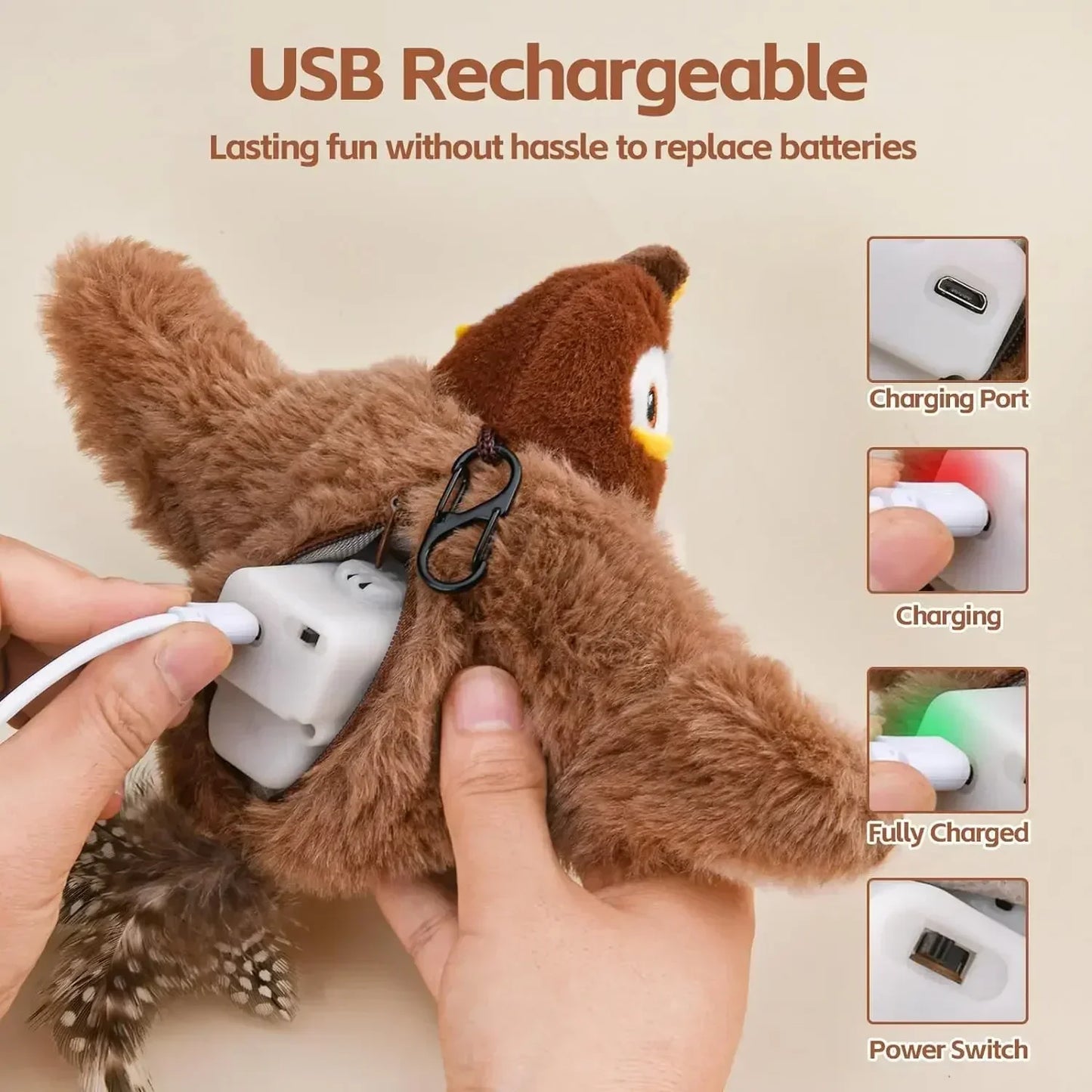 Rechargeable Chirping Flapping Bird Catnip Touch Acti vated Squeak Plush Toy Pet