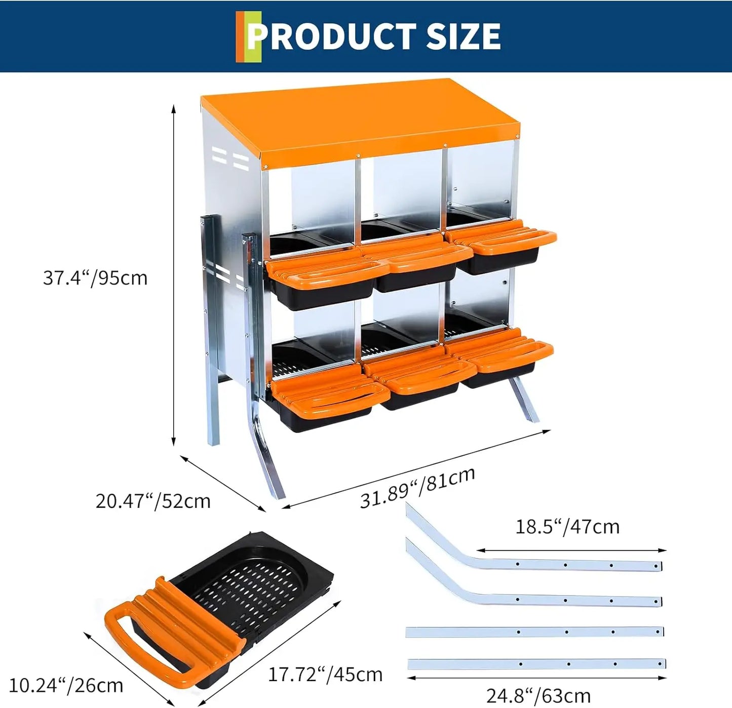 6-Compartment Chicken Nesting Box Automatic Roll-Away Egg Collection System Galvanized Steel Wall Mount or Stand Hen Laying Box