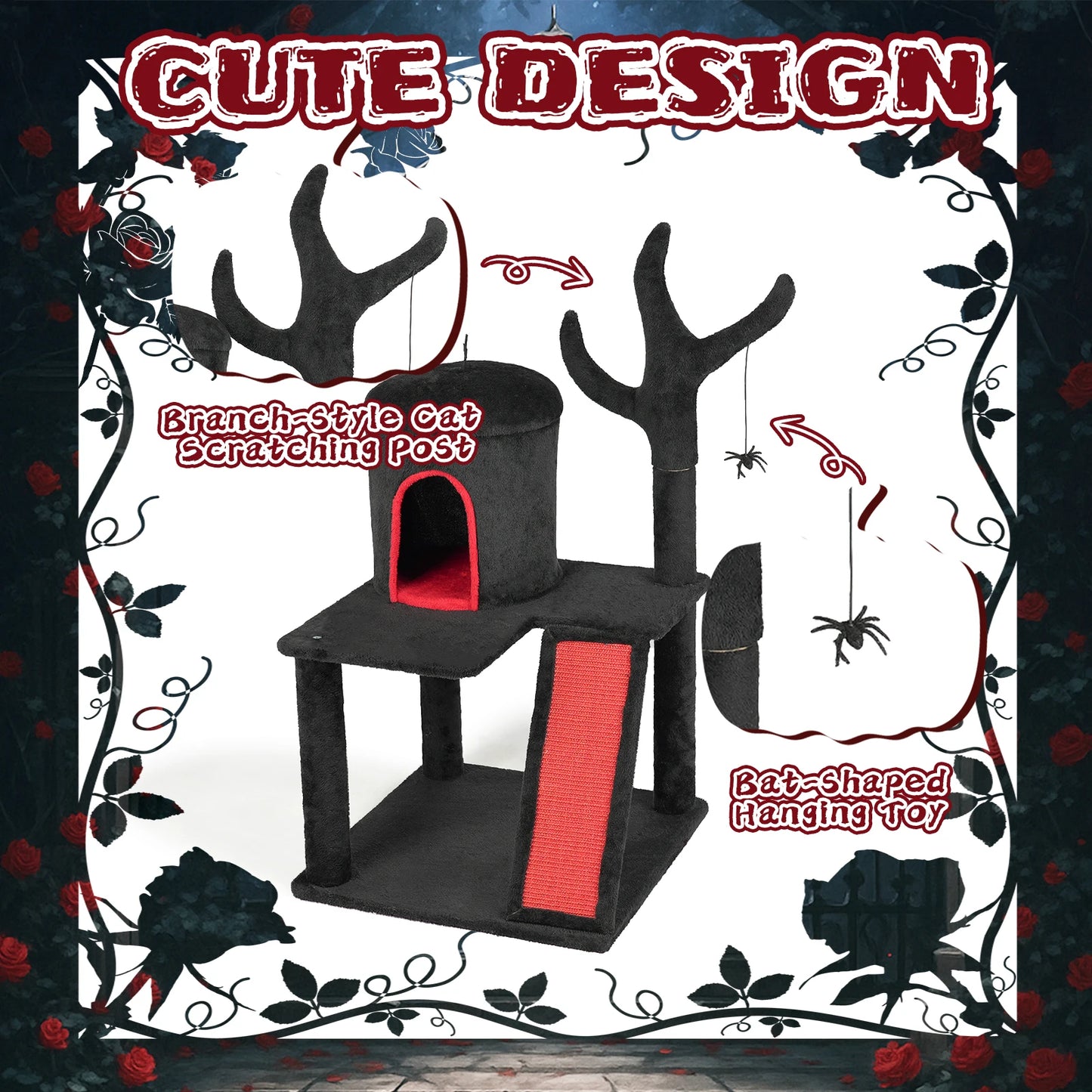 Halloween Cat Tower Tree with Spacious Cat Condo, Brach Shaped Scratching Post, Scratching Ladder