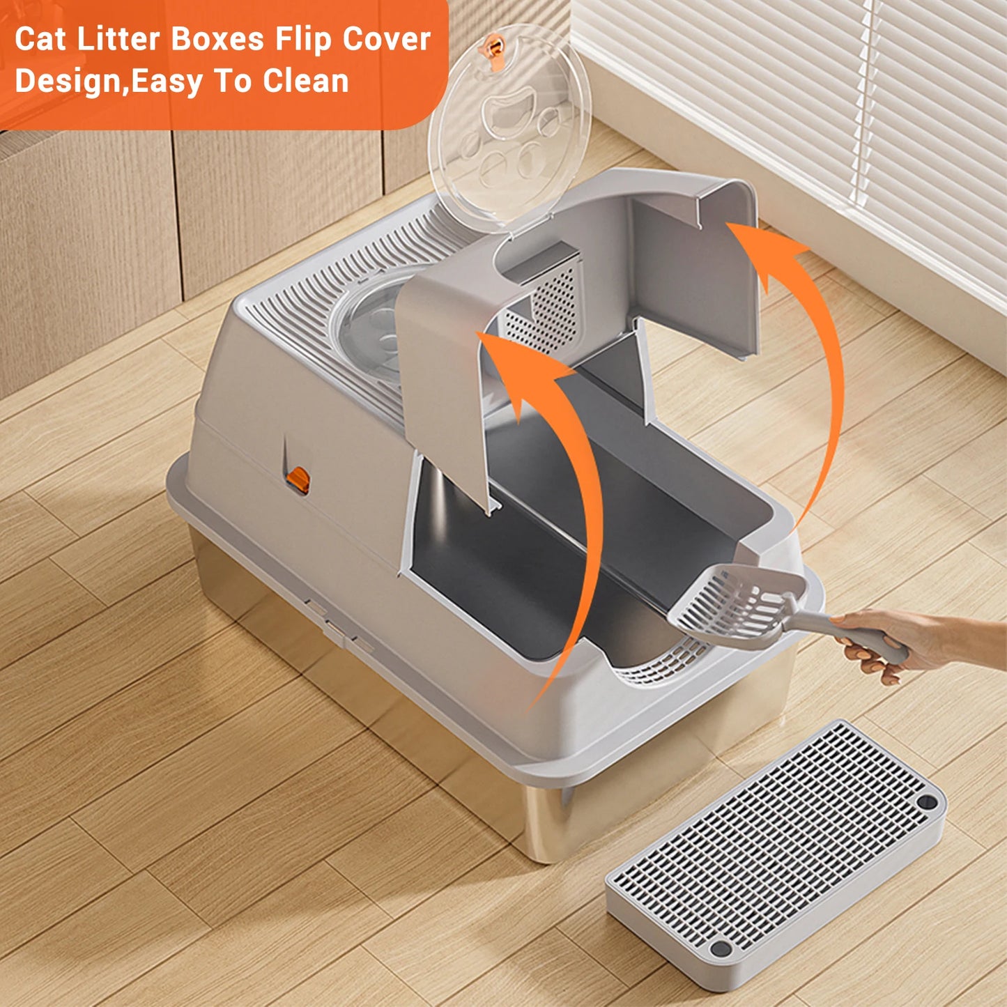 Stainless Steel Cat Litter Box, High Sided Enclosure Cat Toilet With Lid,