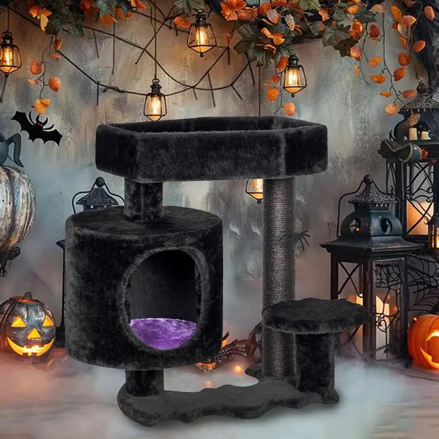 Gothic Cat Tree with Coffin Bed, Cat House with Scratching Posts,