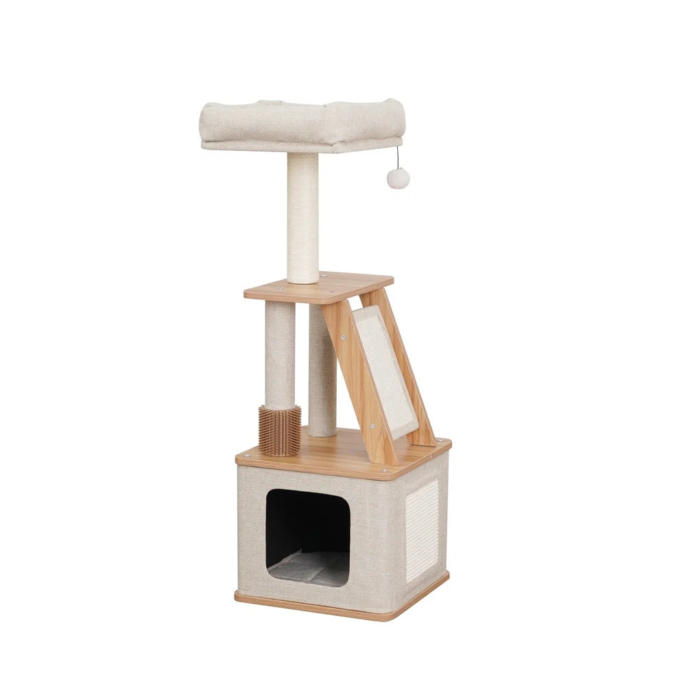 Cat Tree with Condo Perch Sisal Scratcher Double Scratching Post Interactive Toy Rubber Grooming Brush Indoor Cat