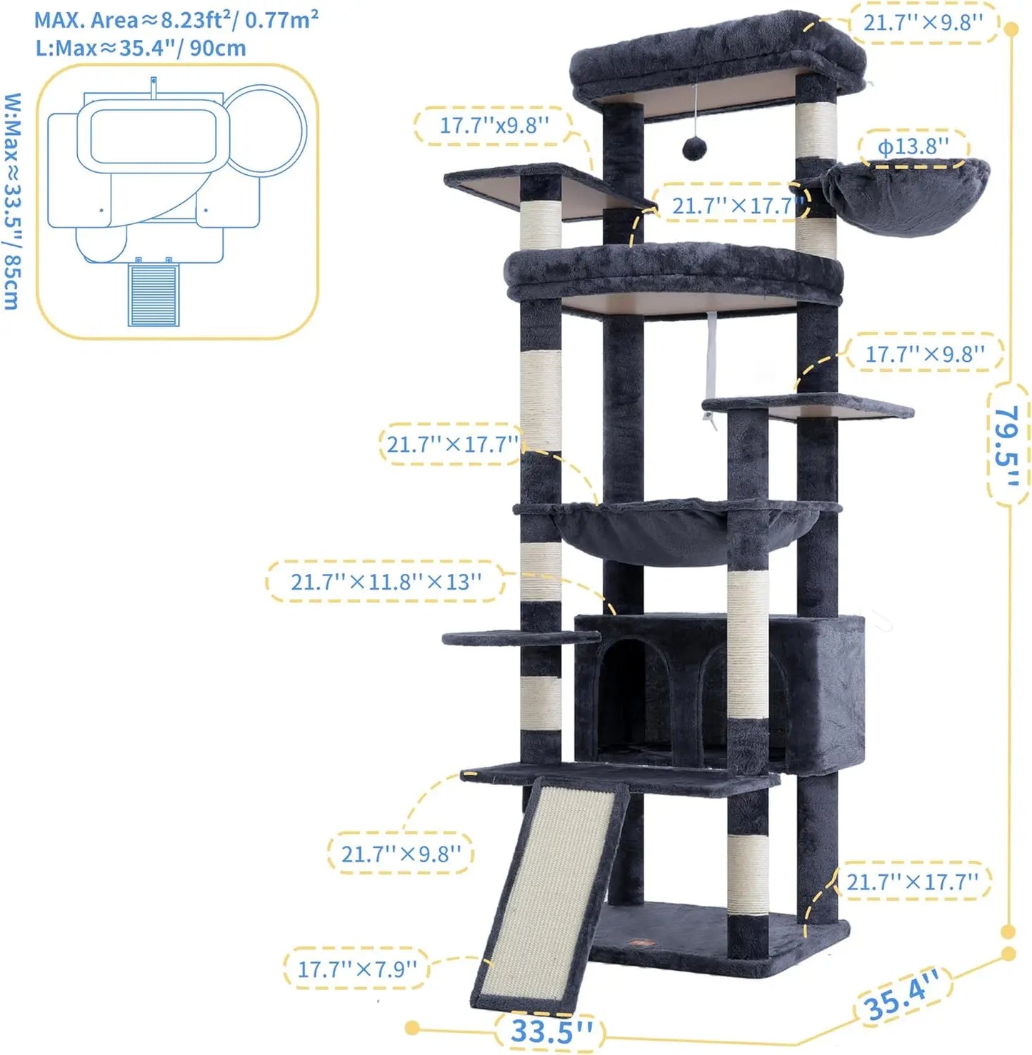 80-Inch Multi-Level Cat Tower for Large Indoor Cats with Spacious Perches, Scratching Board, and Caves in Smoky Gray
