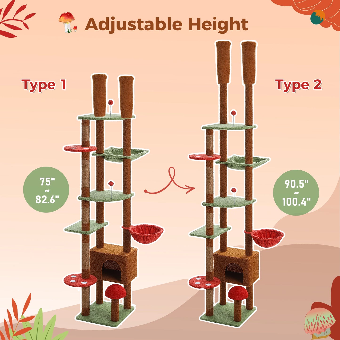 Floor to Ceiling Cat Tower Adjustable Height with Cat Condo Cozy Hammock and Scratching Post