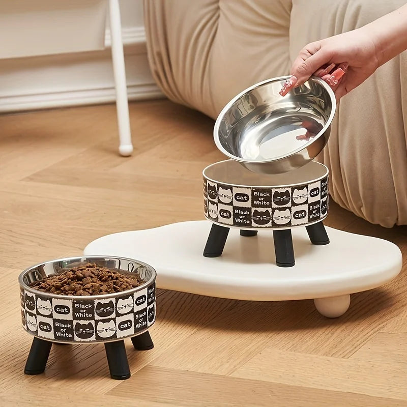 1pcsElevated stainless steel cat bowl with neck protection design - anti slip,