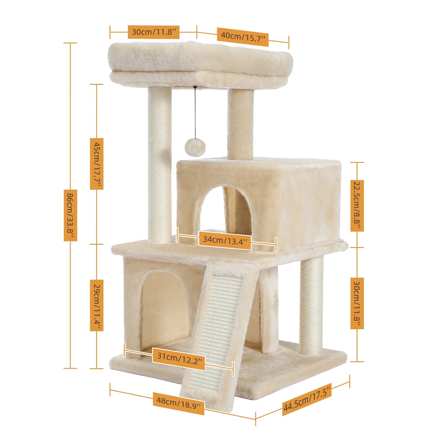 Multi-level Cat Tree with Spacious Perch,Double Condos,Fully Wrapped Scratching Sisal Post