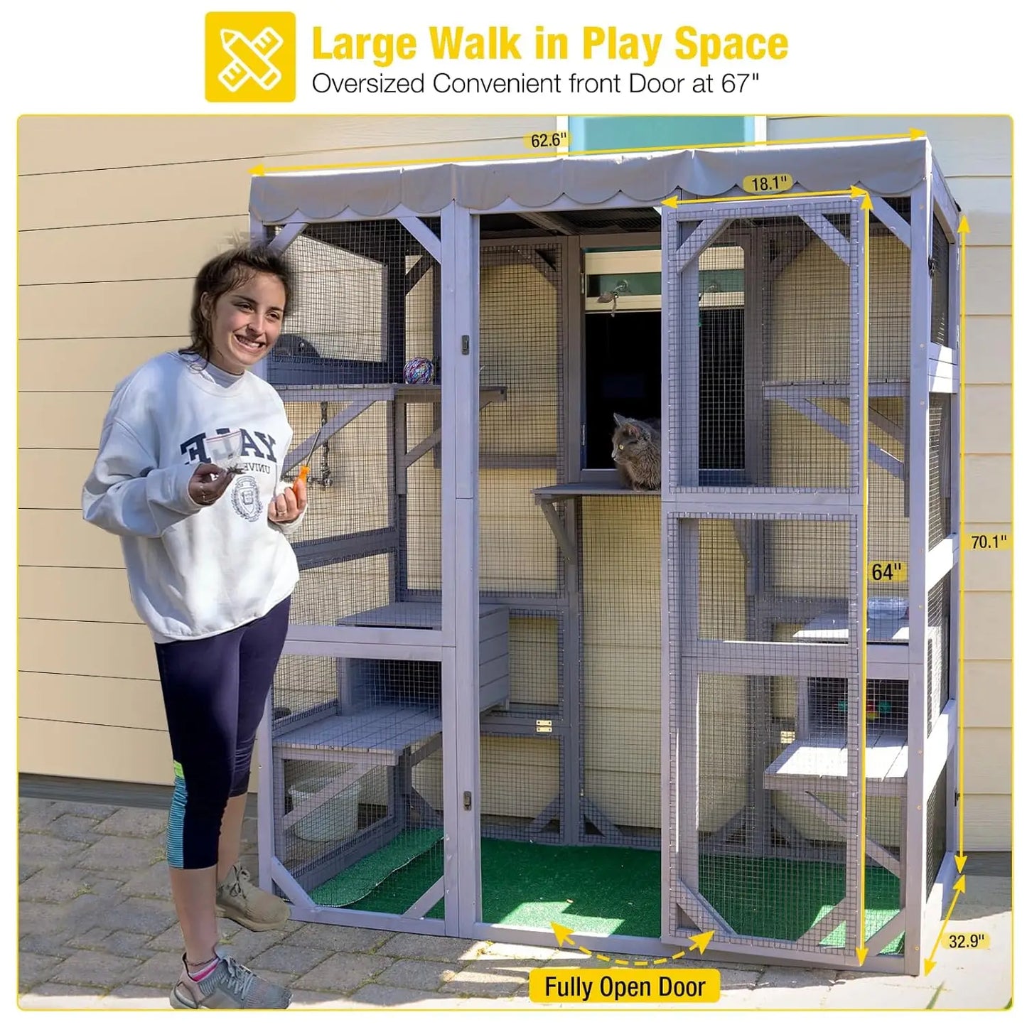 70in Wooden Outdoor Cat Enclosure Large Door Platforms Condo Playpen House