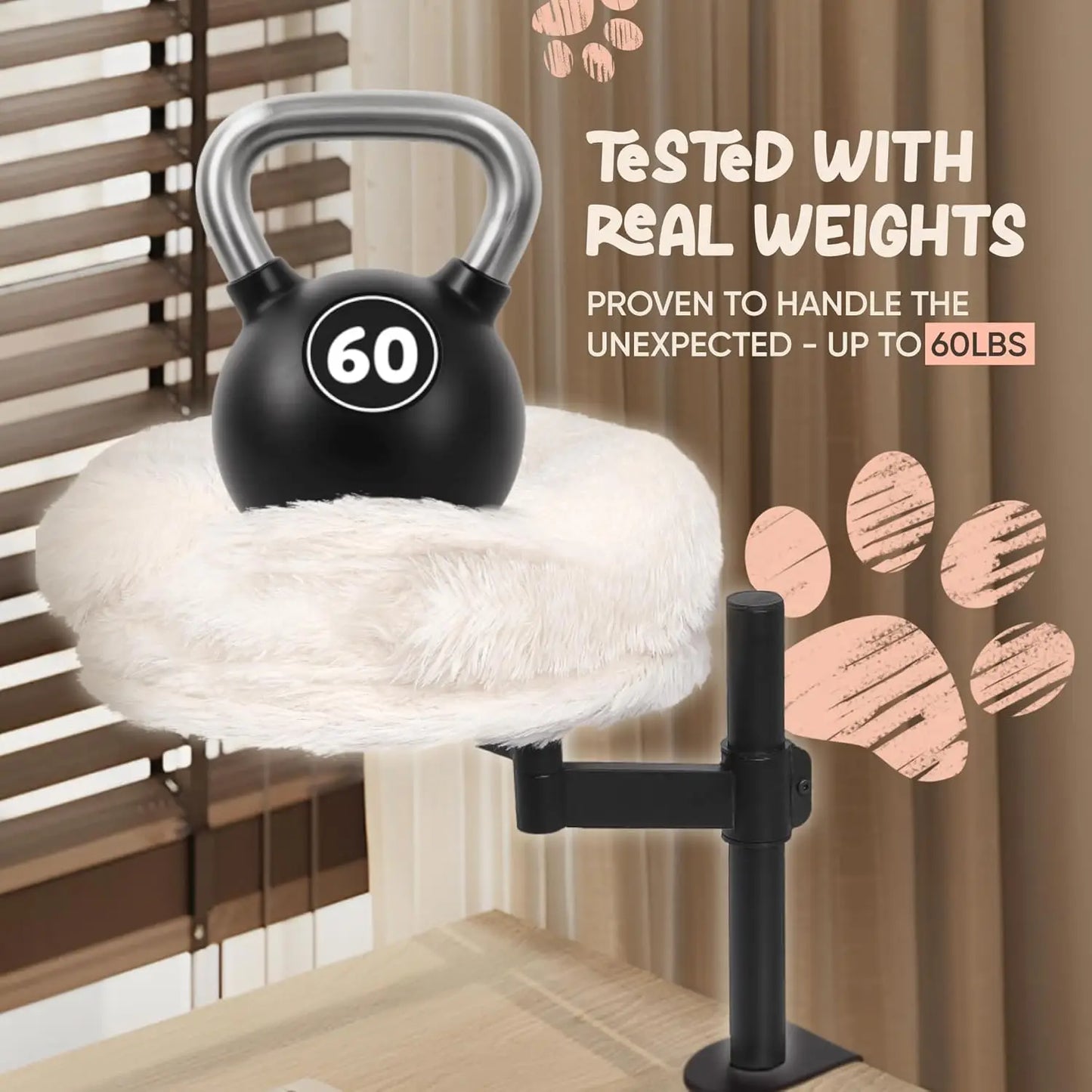360° Rotating Adjustable Cat Desk Bed with 60LB Capacity, Washable Fluffy Hammock for Computer Desks