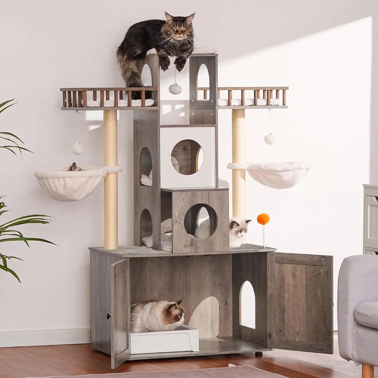 Large Cat Tree with Litter Box Enclosure, Heavy Duty Tower for Indoor Cats up to 20lbs, Modern Furniture with Scratching Posts