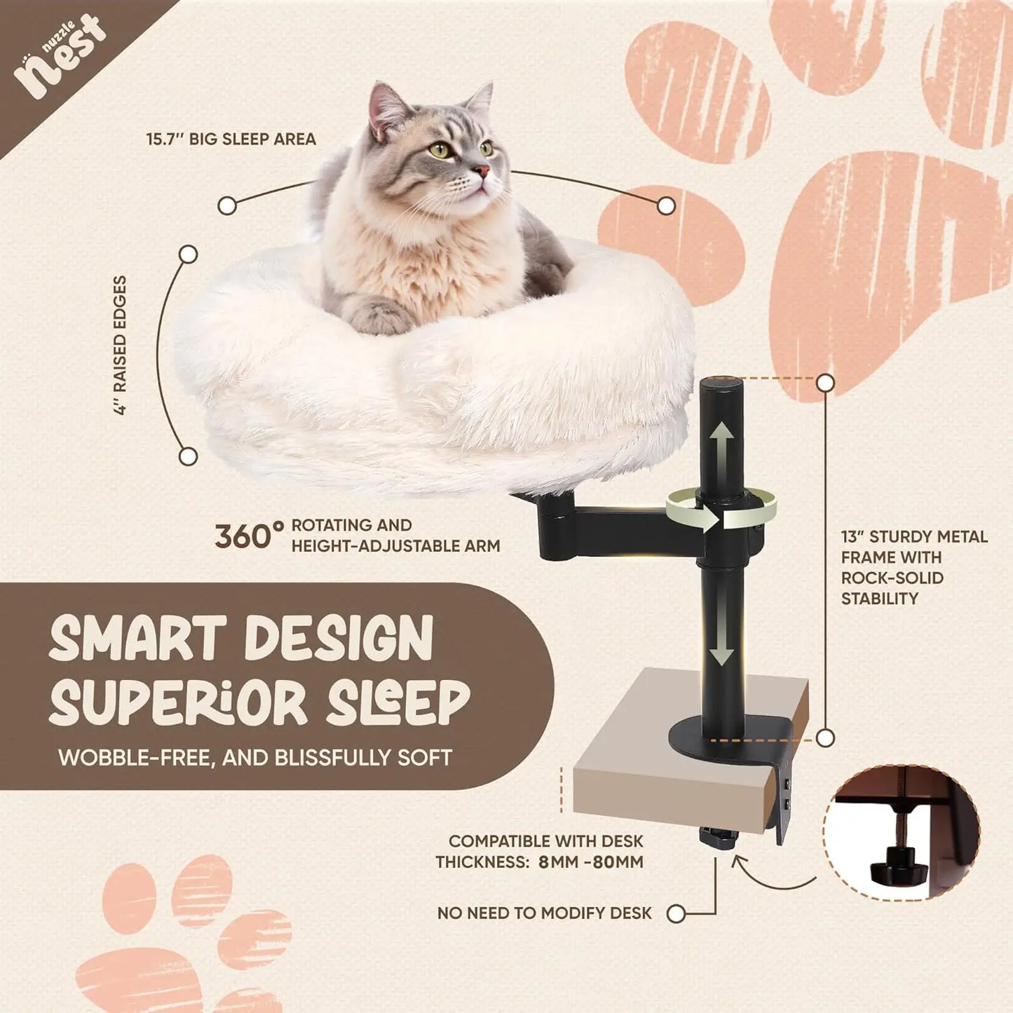 360° Rotating Adjustable Cat Desk Bed with 60LB Capacity, Washable Fluffy Hammock for Computer Desks