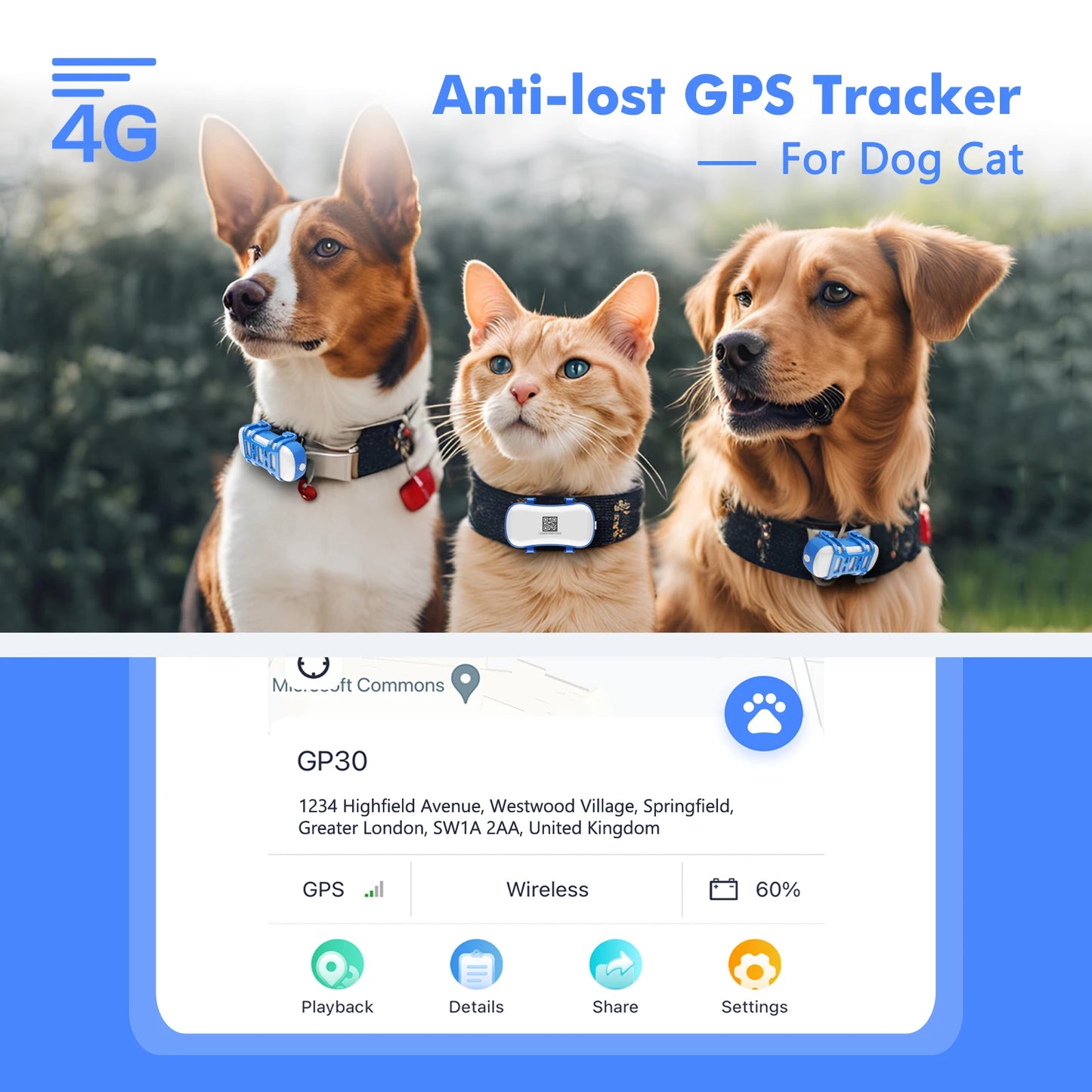 ‌4G Dog Cat GPS Tracker for Pets - Waterproof Smart Locator with App, Live Tracking & Light/Sound Search with Subscription
