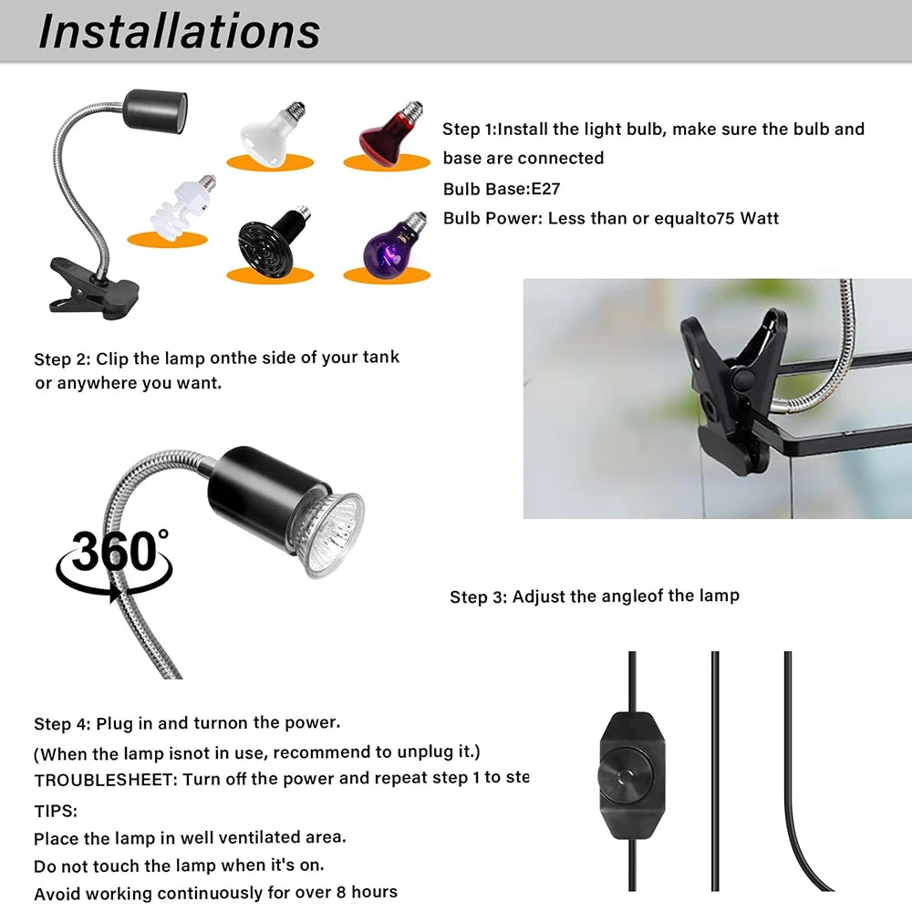Reptile Heat Lamp 50W UVA UVB Light Rotatable Basking Spot Light Simulated Sunlight For Turtle Lizard
