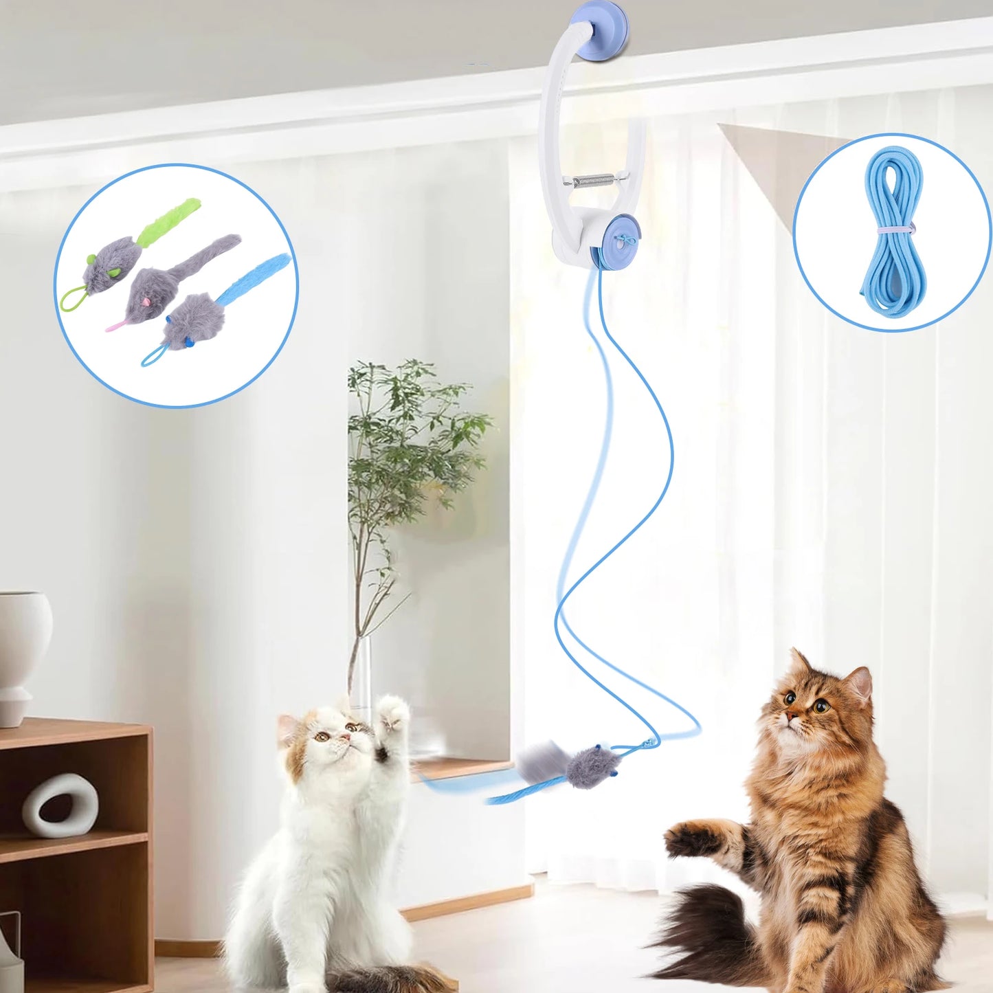 Door Hanging Automatic Retractable Kitten Toys with 3 Catnip Mice Self Play Hanging Door Cat Mouse Toys
