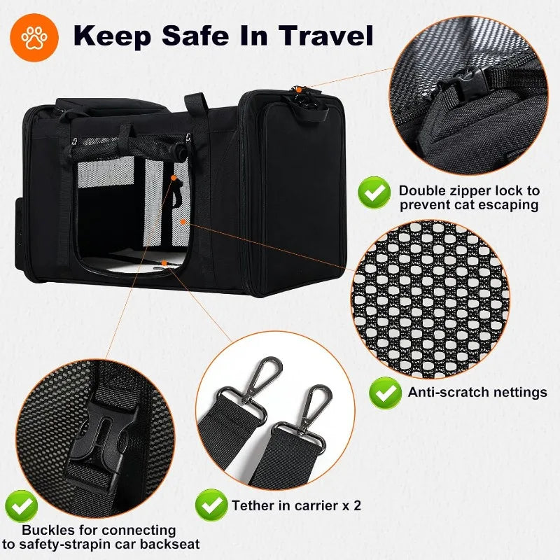 Extra-Large Expandable Cat Carrier For Car Travel,with A Leakproof Portable Tall-Side Litter Box