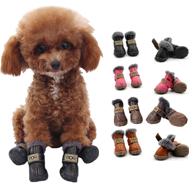 4Pcs/set Winter Pet Shoes Waterproof Thick Warm Leather Dog Shoes Non-slip